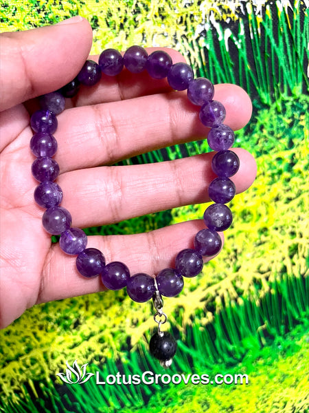 Amethyst Bracelet with Lava Stone Charm (Stretch) Genuine Precious Stones (8mm) 8 inches | FREE SHIPPING