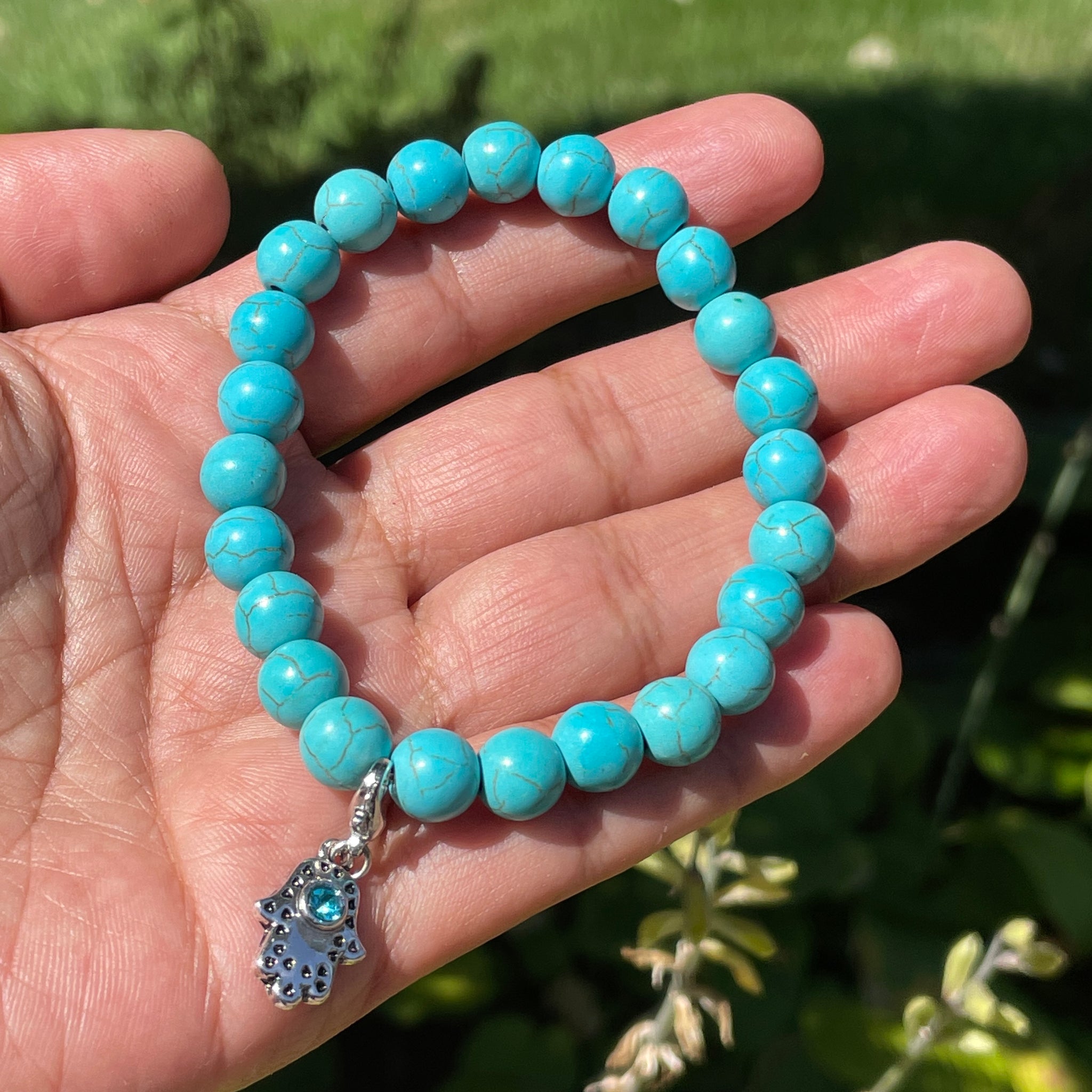 Turquoise Bracelet with Hamsa Hand Charm (8mm) | FREE SHIPPING